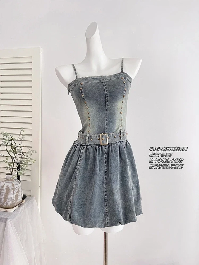 Summer Coquette Y2k Streetwear Mini Denim Spaghetti Strap Dress Women Jean Frock Party 2000s Aesthetic One-Piece Grunge Hot Club