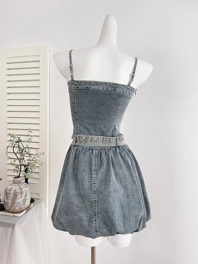 Summer Coquette Y2k Streetwear Mini Denim Spaghetti Strap Dress Women Jean Frock Party 2000s Aesthetic One-Piece Grunge Hot Club