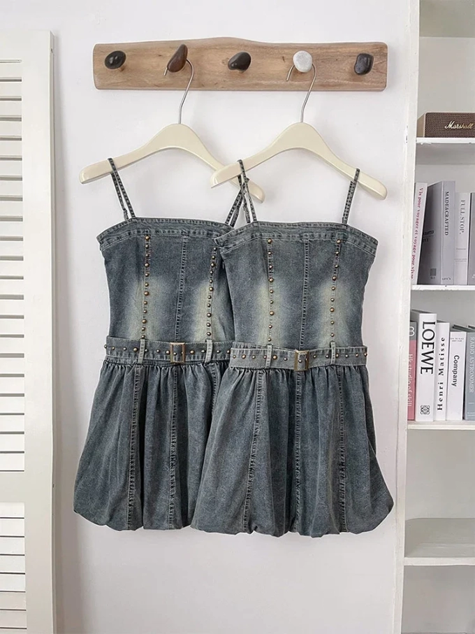 Summer Coquette Y2k Streetwear Mini Denim Spaghetti Strap Dress Women Jean Frock Party 2000s Aesthetic One-Piece Grunge Hot Club