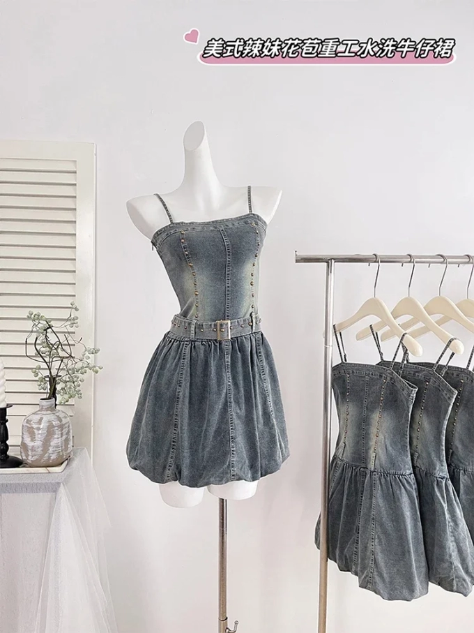 Summer Coquette Y2k Streetwear Mini Denim Spaghetti Strap Dress Women Jean Frock Party 2000s Aesthetic One-Piece Grunge Hot Club