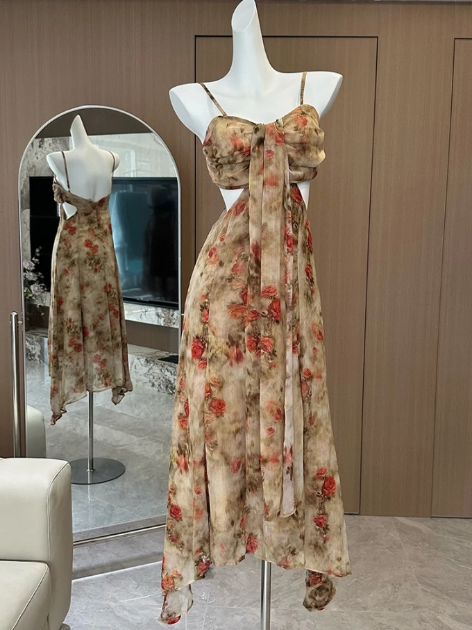 Summer French Backless Prom Gown Floral Spaghetti Strap Long Dress Women Frock Evening Party One-Piece Coquette Robe Coquette