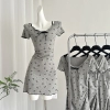 Summer French Vintage Mini Short Sleeve V-Neck Dress Coquette Women Bodycon Hot Gyaru Aesthetic Midi Frocks Party One-Piece Bow