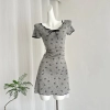 Summer French Vintage Mini Short Sleeve V-Neck Dress Coquette Women Bodycon Hot Gyaru Aesthetic Midi Frocks Party One-Piece Bow