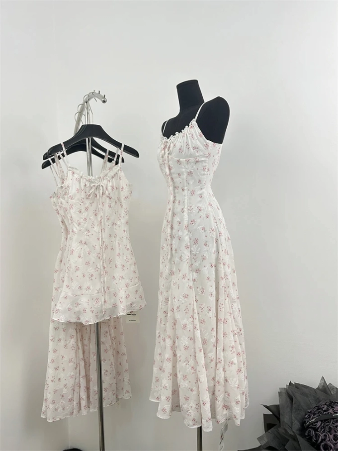 Summer French Vintage Mini Spaghetti Strap Dress Women 2000s Mori Girl Maxi Floral Frocks Party One-Piece Evening Prom Gown New