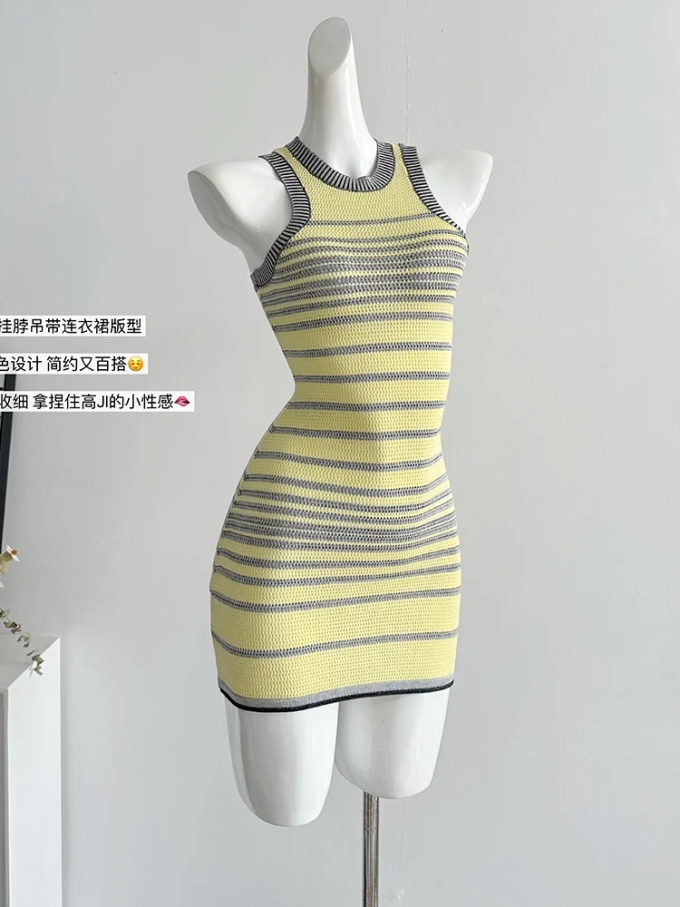 Summer Knit Bodycon Striped Mini Sleeveless Dress Women Hot Sexy Gyaru Mini 2000s Aesthetic Vintage Frocks Party One-Piece Y2k