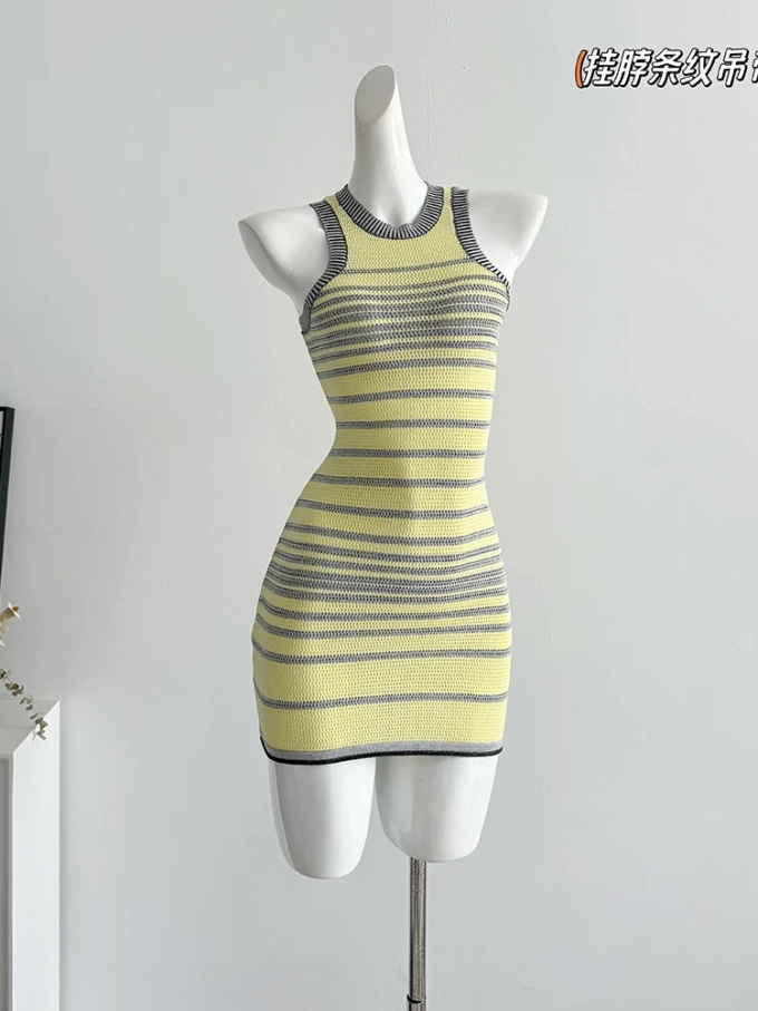 Summer Knit Bodycon Striped Mini Sleeveless Dress Women Hot Sexy Gyaru Mini 2000s Aesthetic Vintage Frocks Party One-Piece Y2k