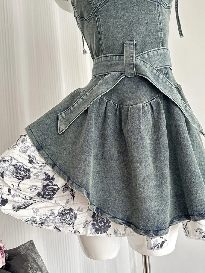 Summer Korean Mini Spaghetti Strap Denim Dress Women 2000s Aesthetic Patchwork Frocks Party One-Piece Prom Gown Y2k Night Tide