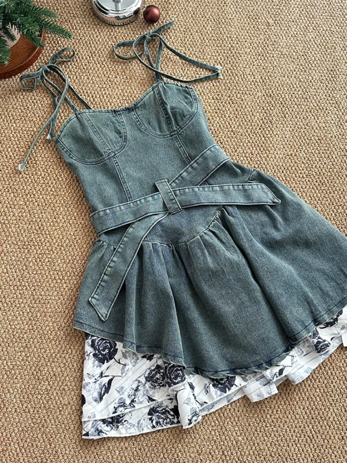 Summer Korean Mini Spaghetti Strap Denim Dress Women 2000s Aesthetic Patchwork Frocks Party One-Piece Prom Gown Y2k Night Tide