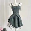 Summer Korean Mini Spaghetti Strap Denim Dress Women 2000s Aesthetic Patchwork Frocks Party One-Piece Prom Gown Y2k Night Tide