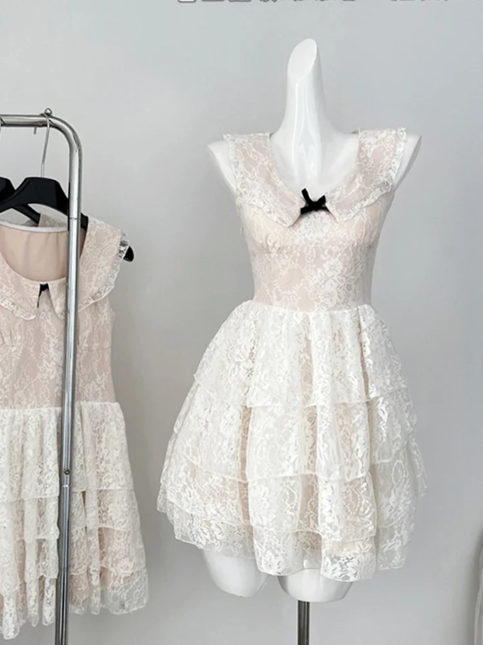 Summer Prom Gown French Vintage Mini Lace Ballet Core Dress Women Frock Evening Party 2000s Aesthetic One-Piece Mori Girl Fairy