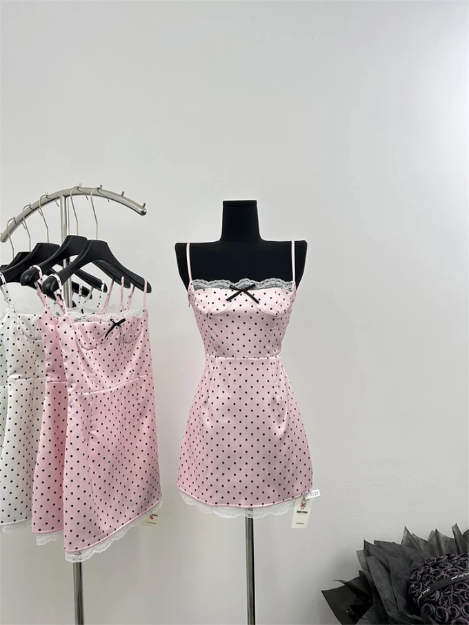 Summer Spaghetti Strap French Coquette Lace Dress Women Mini Polka Dot Aesthetic Vintage Gyaru Frocks Evening Party One-Piece