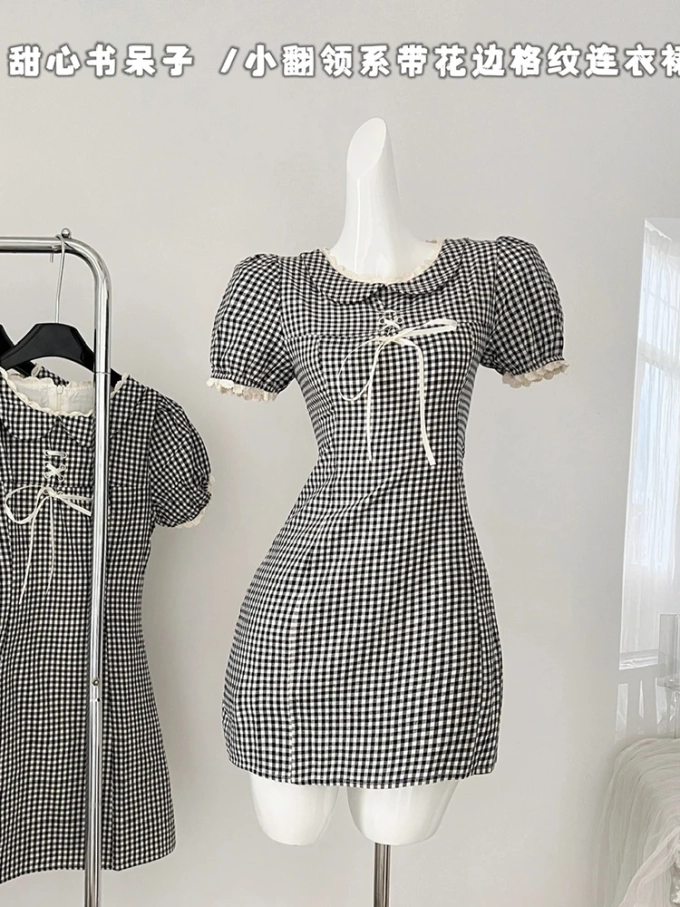 Summer Sweet French Vintage Mori Girl Plaid Short Sleeve Dress Women Mini Peter Pan Collar Frock Evening Party 2000s One-Piece