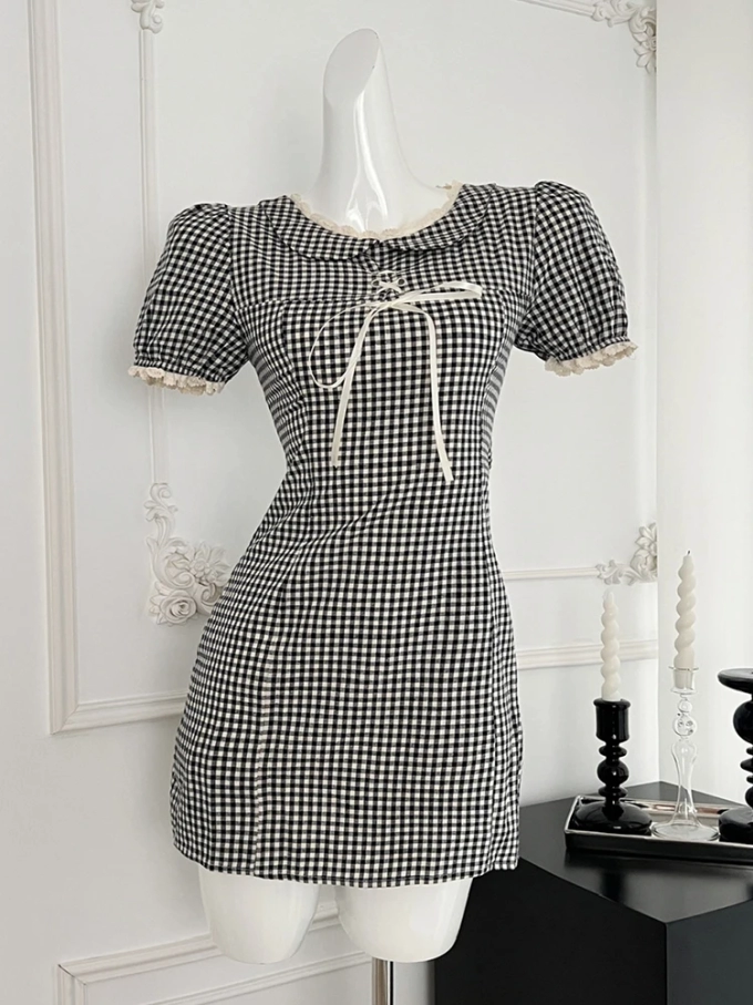 Summer Sweet French Vintage Mori Girl Plaid Short Sleeve Dress Women Mini Peter Pan Collar Frock Evening Party 2000s One-Piece