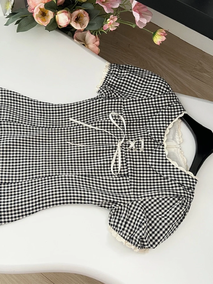 Summer Sweet French Vintage Mori Girl Plaid Short Sleeve Dress Women Mini Peter Pan Collar Frock Evening Party 2000s One-Piece