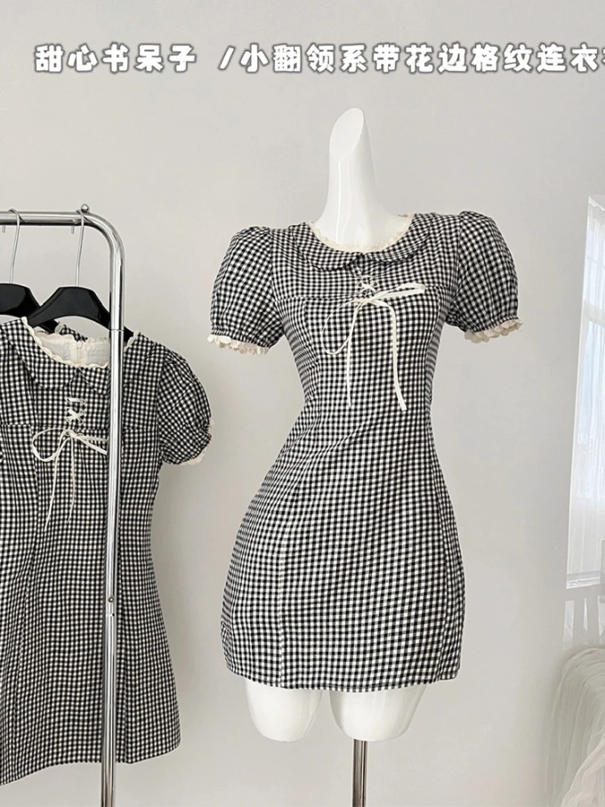 Summer Sweet French Vintage Mori Girl Plaid Short Sleeve Dress Women Mini Peter Pan Collar Frock Evening Party 2000s One-Piece