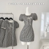 Summer Sweet French Vintage Mori Girl Plaid Short Sleeve Dress Women Mini Peter Pan Collar Frock Evening Party 2000s One-Piece