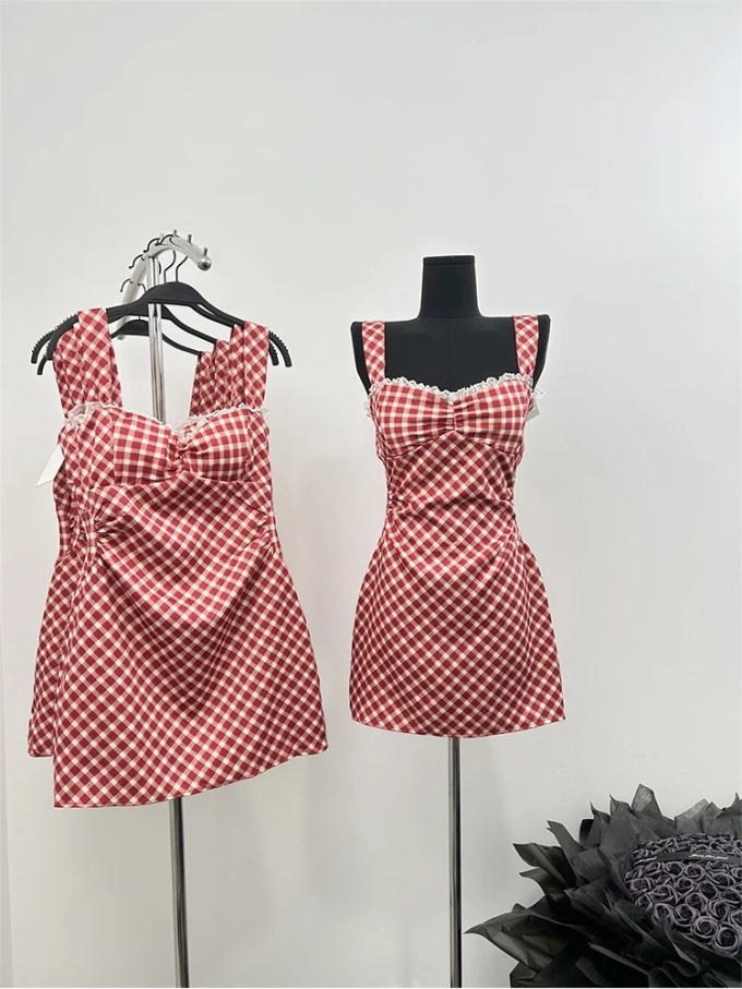 Summer Women Korean Plaid Mini A-line Dress Lace Frocks French Vintage Mori Girl One-Piece Coquette Gyaru 2000s Aesthetic Cute