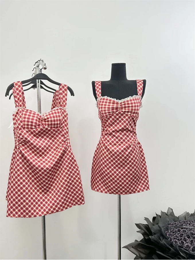 Summer Women Korean Plaid Mini A-line Dress Lace Frocks French Vintage Mori Girl One-Piece Coquette Gyaru 2000s Aesthetic Cute