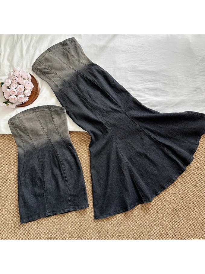 Summer Women Vintage Y2k Gradient Sleeveless Denim Mini Dress Coquette Jean Maxi Frocks Bodycon One-Piece 2000s Aesthetic Club