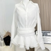 Woman Chiffon Elegant Shirt Dress Lace One-Piece Lapel Collar Frocks Long Sleeve Slim Low Waist Solid Color Patchwork Coquette