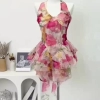 Woman V Neck A-Line Dress Off Shoulder One-Piece Backless Floral Sleeveless Halter Dress Print Patchwork Romantic Sweet Gyaru